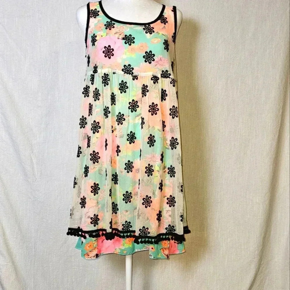 Uncle Frank Dresses & Skirts - Uncle Frank Neon Floral Whimsygoth Mesh Embroidered Overlay Flirty Mini Dress XS